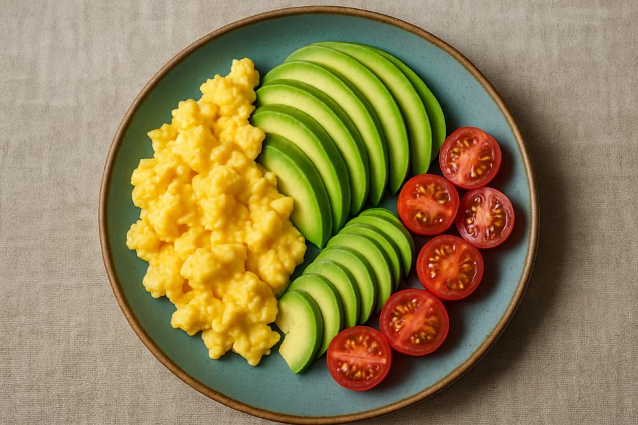 Café da manhã low-carb para diabéticos com ovos, abacate e tomate cereja.