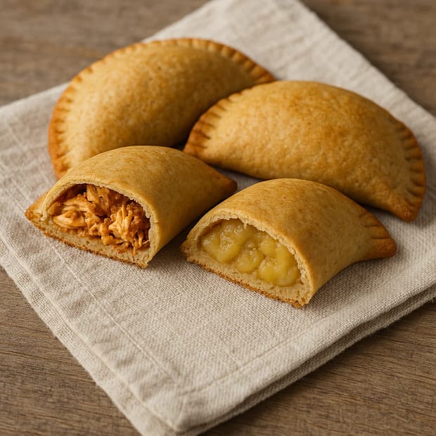 Pastel de forno dourado e crocante feito com massa sem glúten, recheado com legumes e assado no forno.