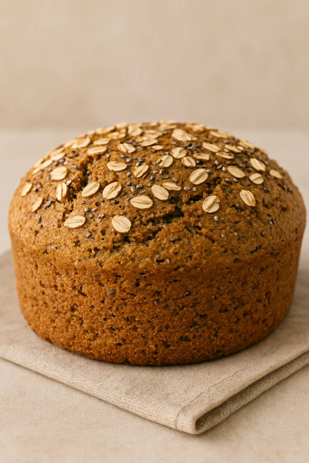 Pão caseiro feito com aveia e sementes de chia, com casca dourada e textura macia, ideal para dietas saudáveis e sem glúten.