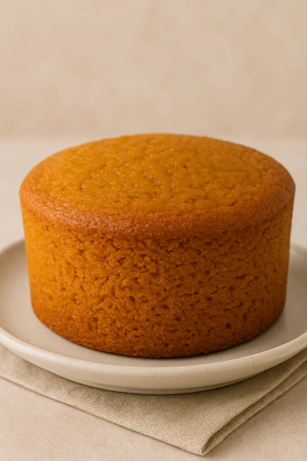 Bolo de cenoura sem açúcar feito com farinha de arroz, fofinho e dourado, sobre um prato rústico.