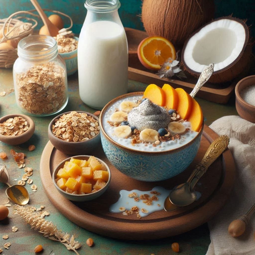 vazilha com granola e uma garrafa de leite de coco